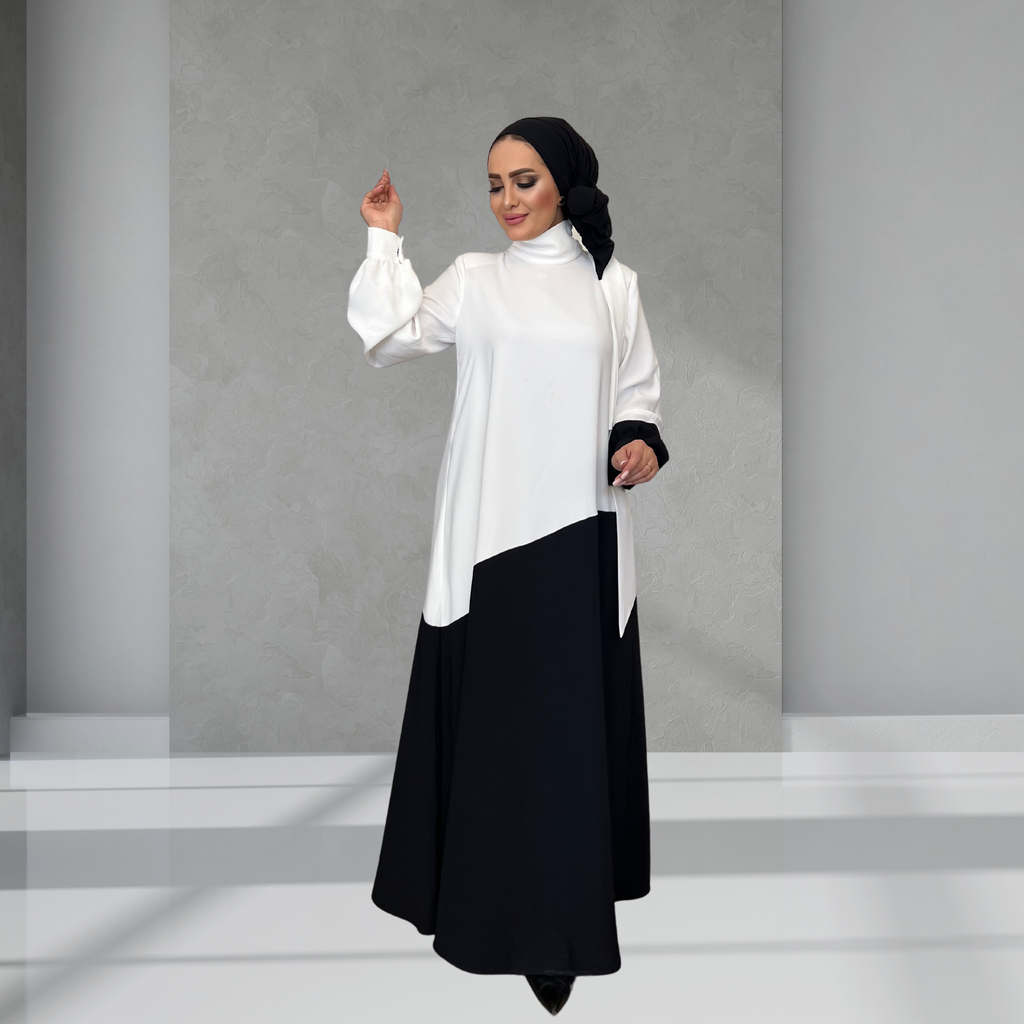 Siyah Beyaz Boyun Detaylı Elbise