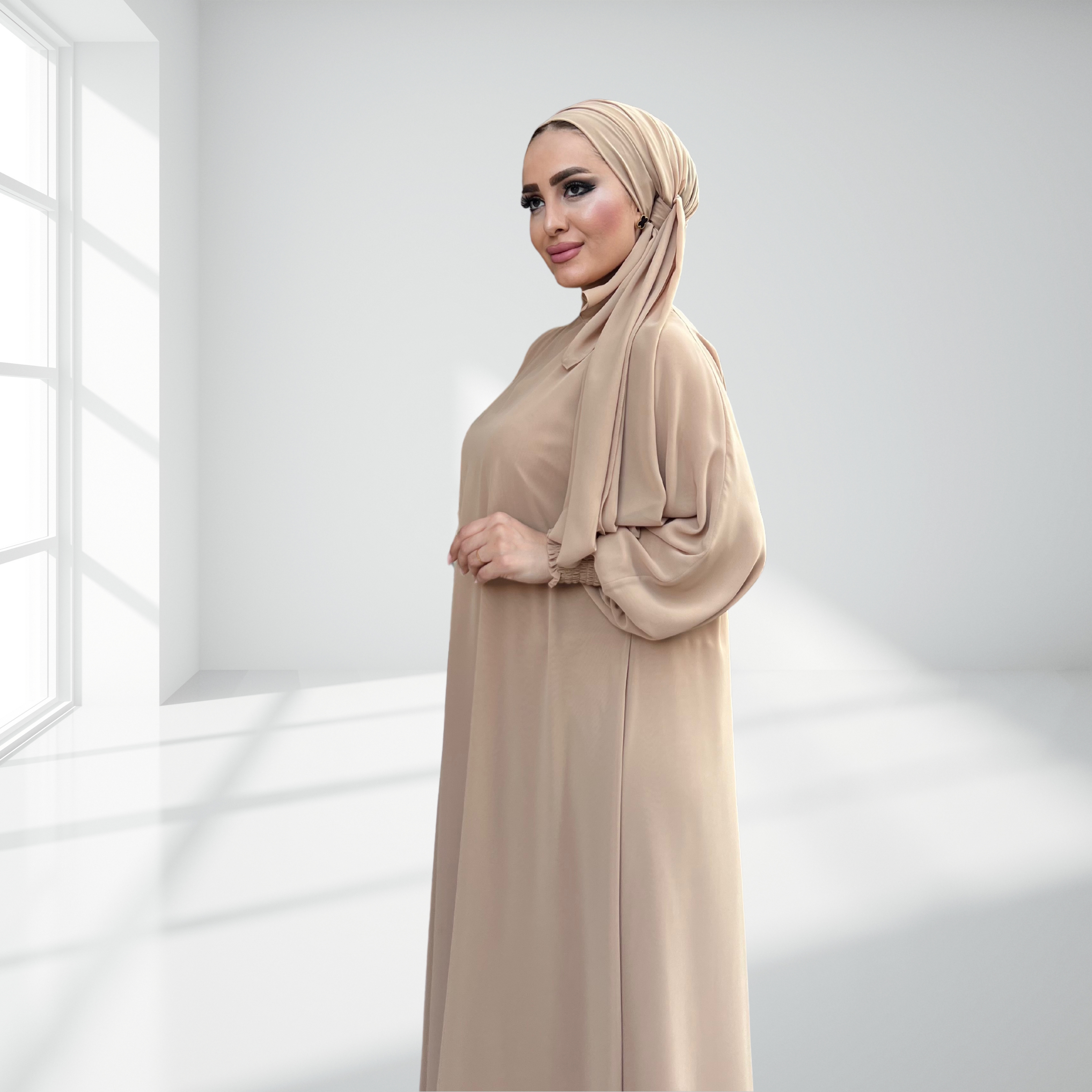 Krem Çift Kat Şifon Şallı Elbise