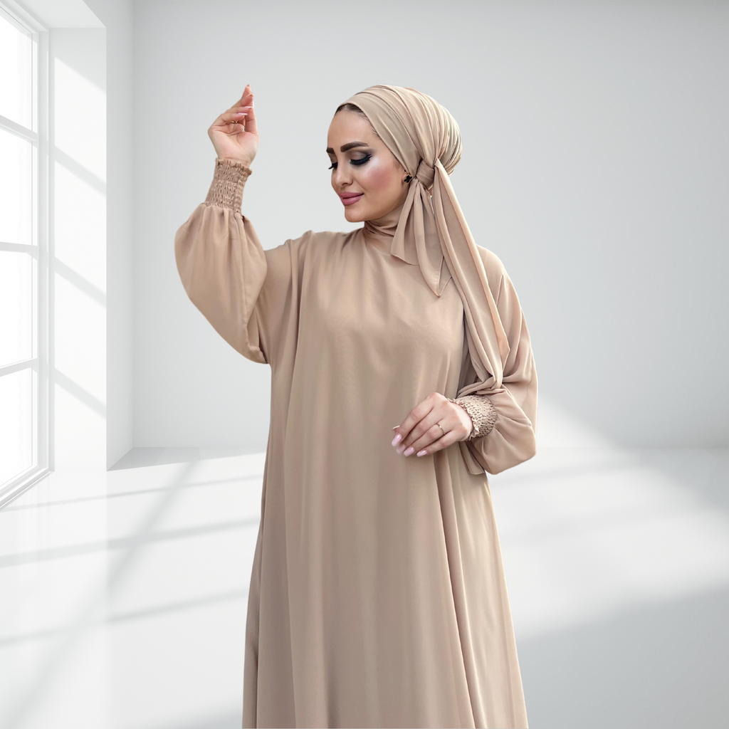 Krem Çift Kat Şifon Şallı Elbise