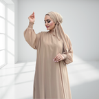 Krem Çift Kat Şifon Şallı Elbise