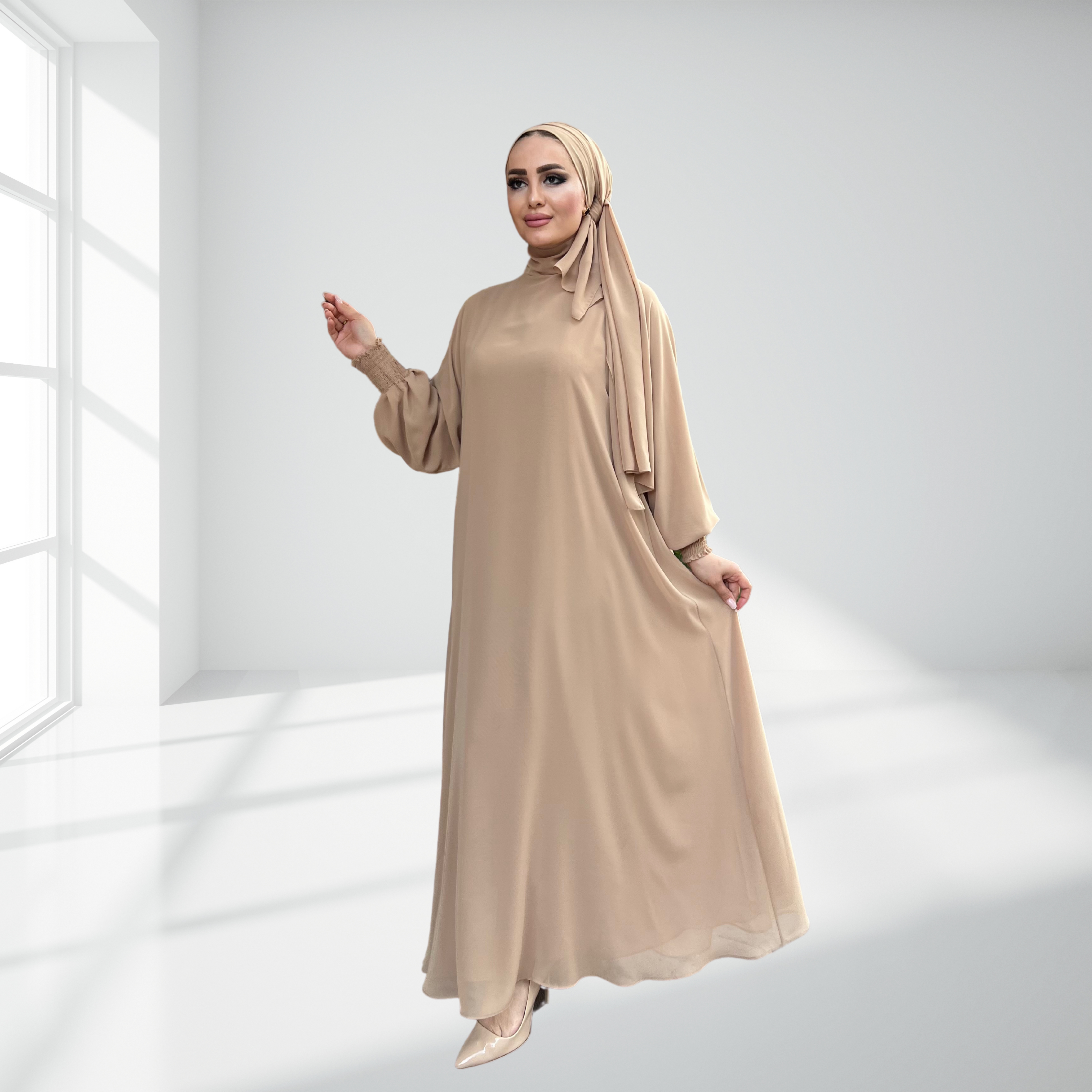 Krem Çift Kat Şifon Şallı Elbise