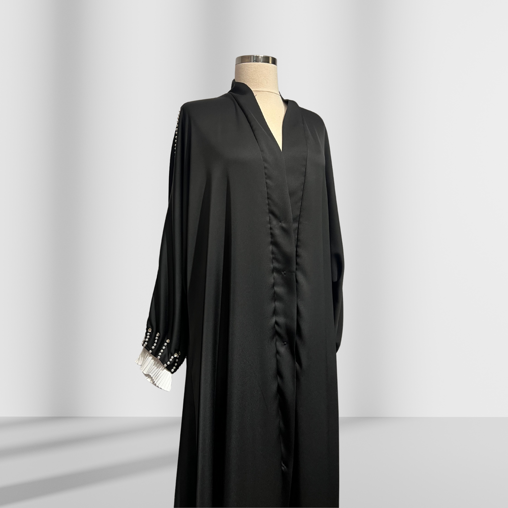 İnci Detaylı Siyah Ferace