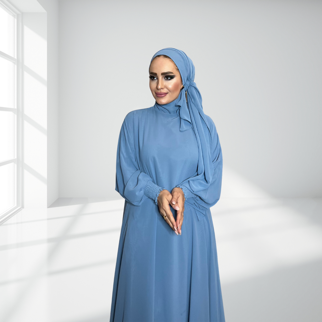 Mavi Çift Kat Şifon Şallı Elbise