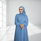 Mavi Çift Kat Şifon Şallı Elbise