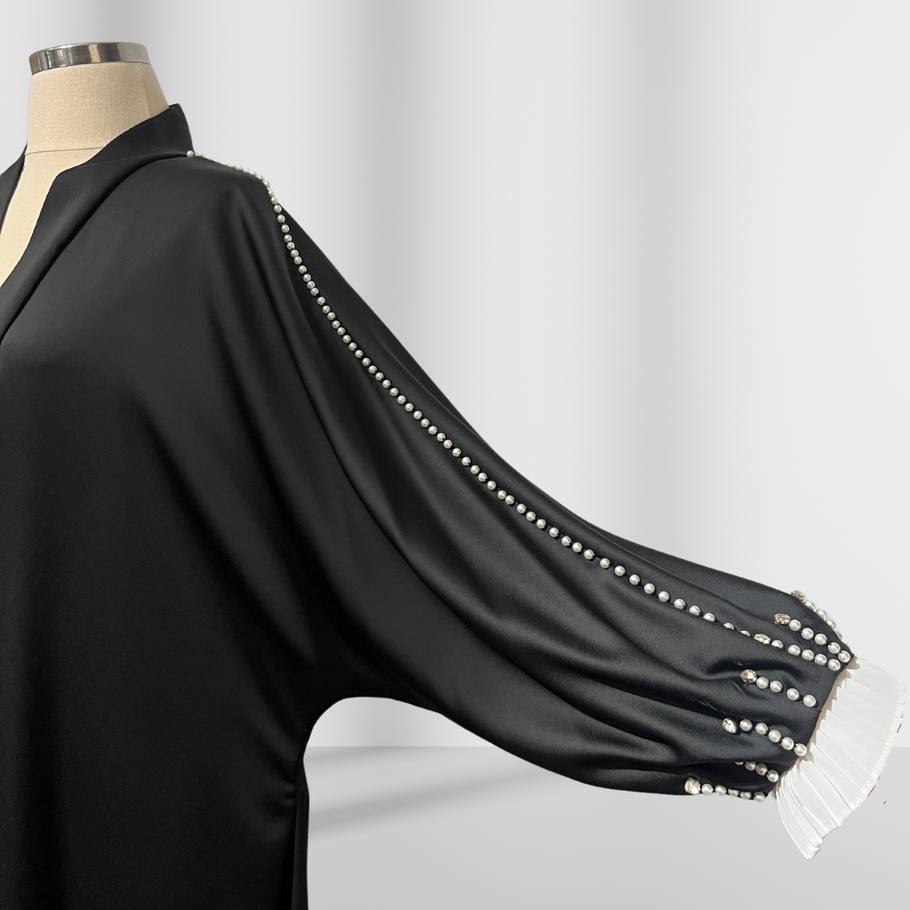 İnci Detaylı Siyah Ferace