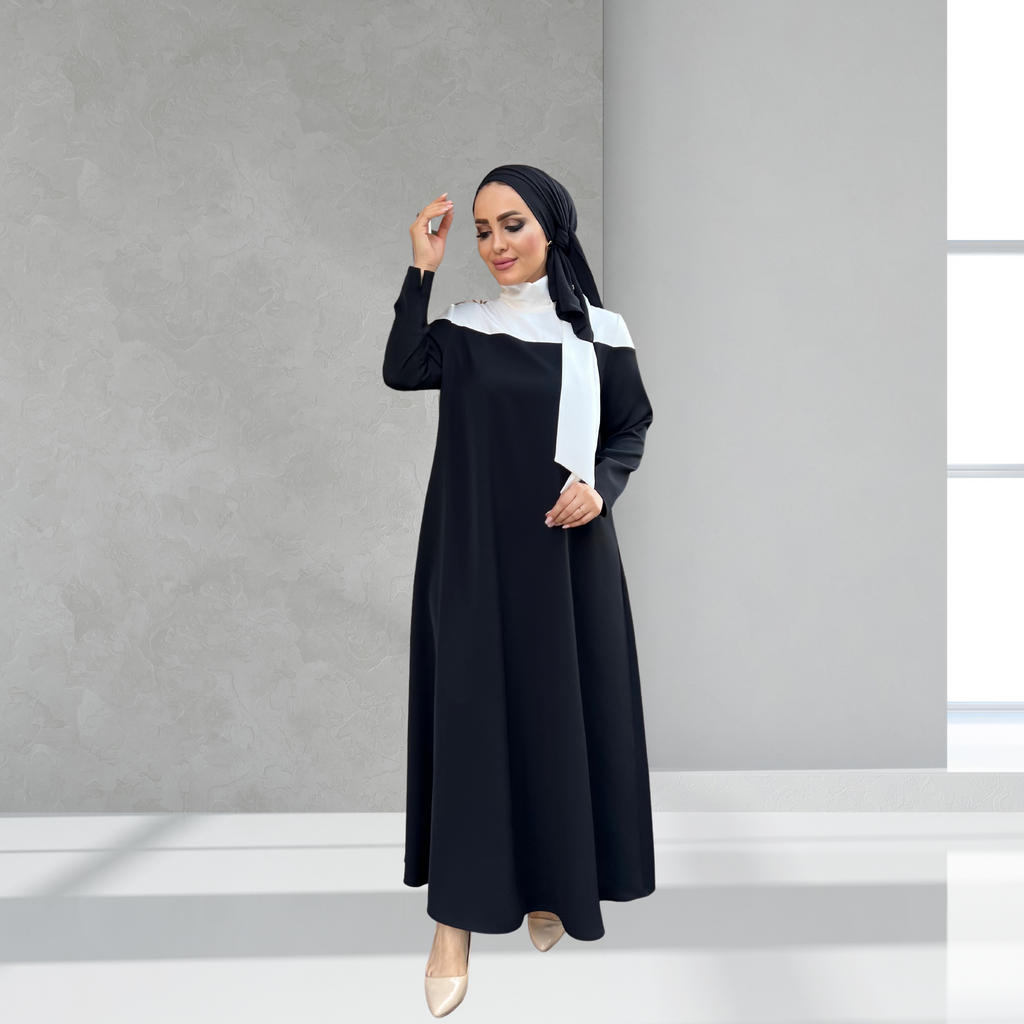 Siyah Beyaz Yaka ve Kol Detaylı Elbise