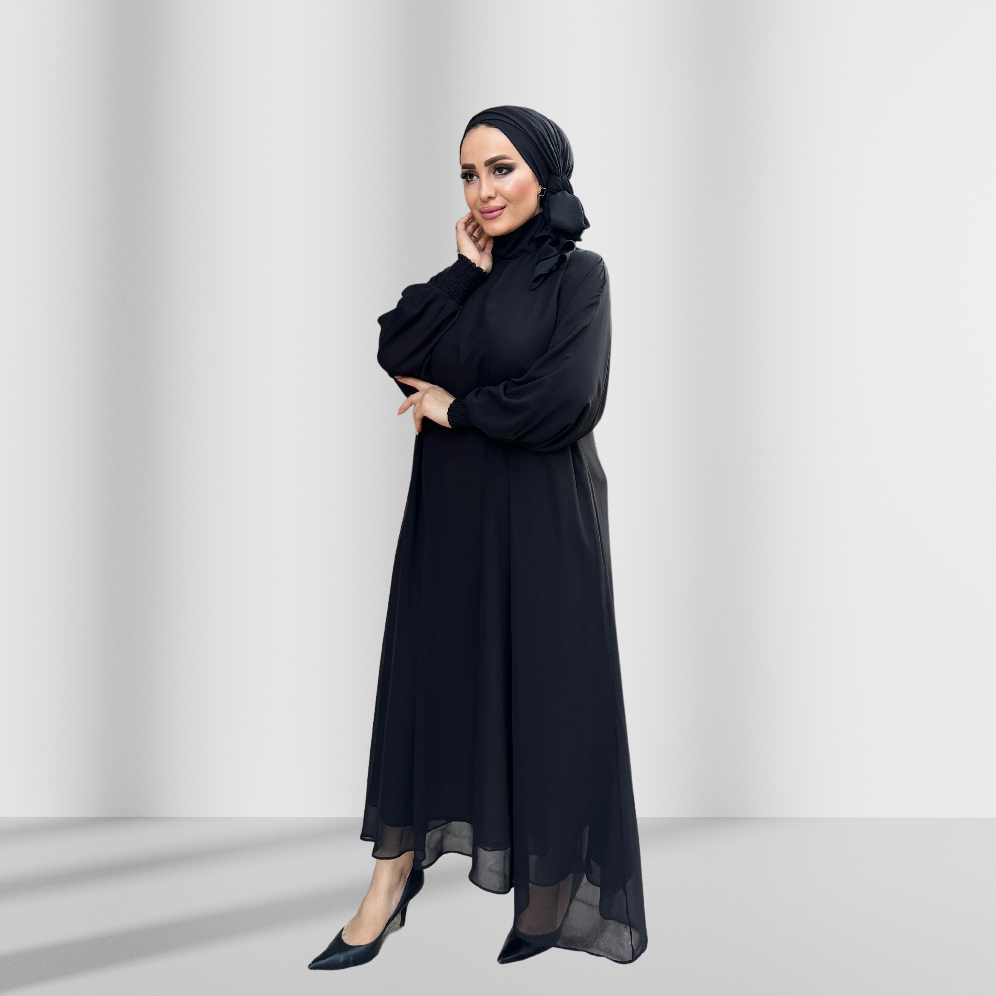 Siyah Çift Kat Şifon Şallı Elbise