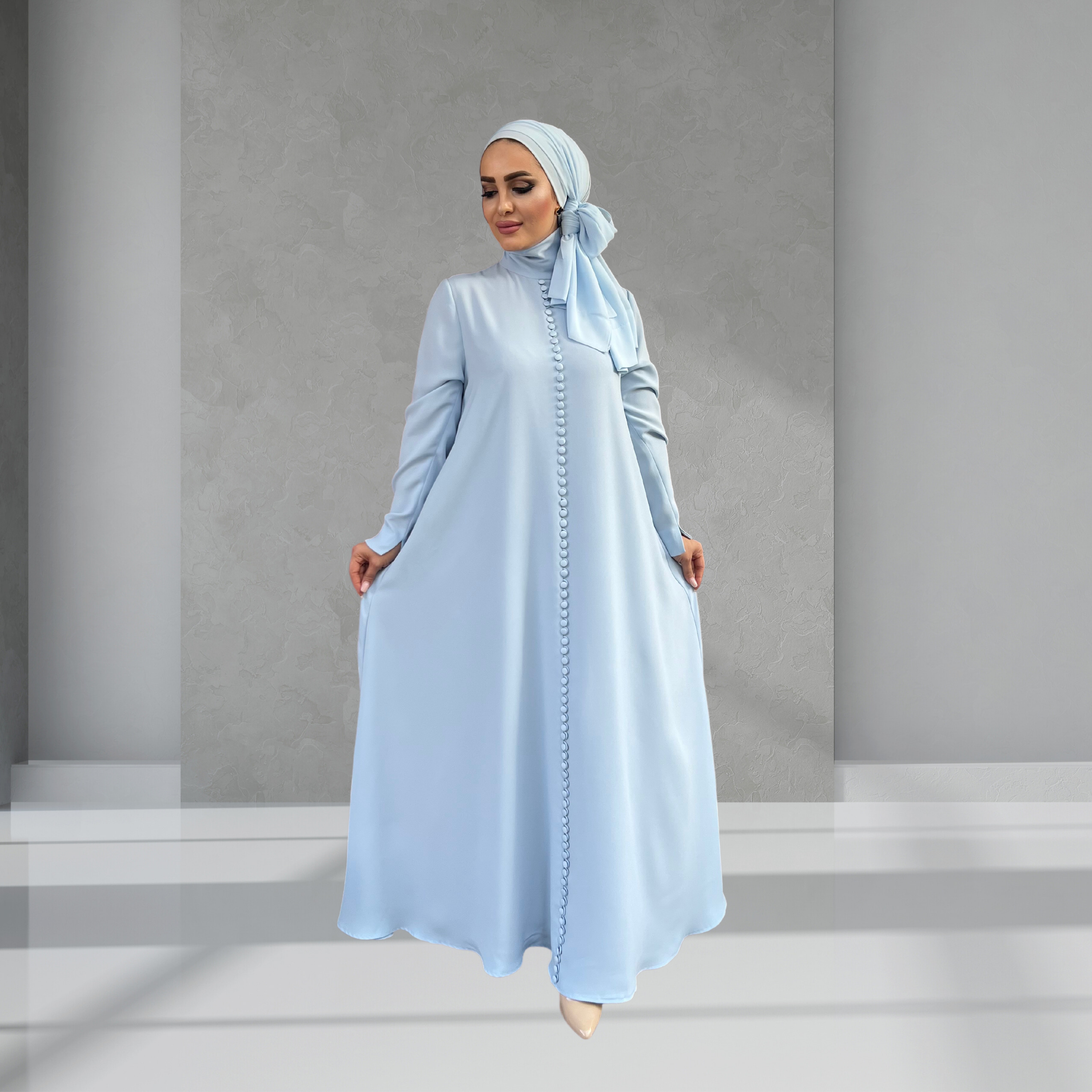 Düğme Detaylı Bebe Mavisi Elbise