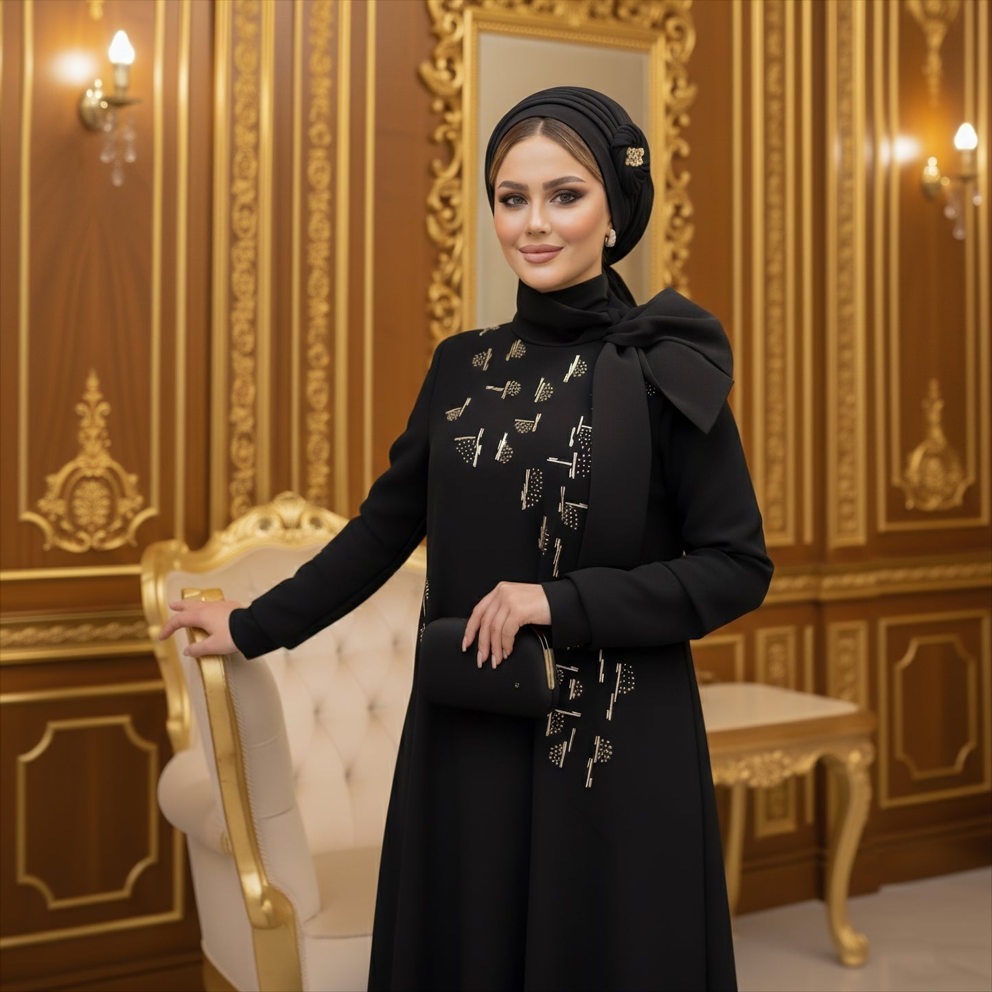İşleme Detaylı Siyah Abiye