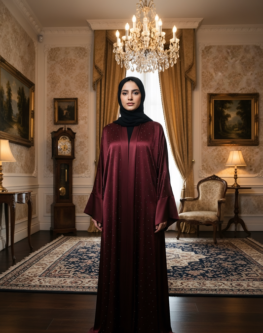 Bordo Taş Detaylı İpek Kupra Ferace