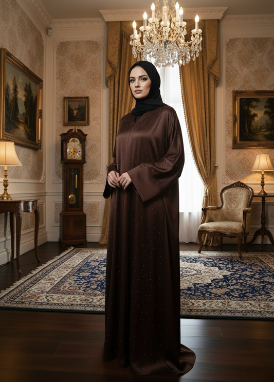 Kahverengi Taş Detaylı İpek Kupra Ferace