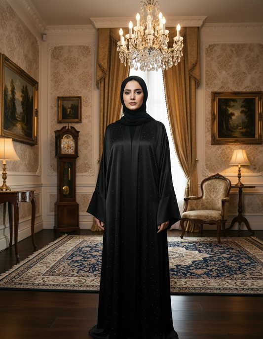 Siyah Taş Detaylı İpek Kupra Ferace