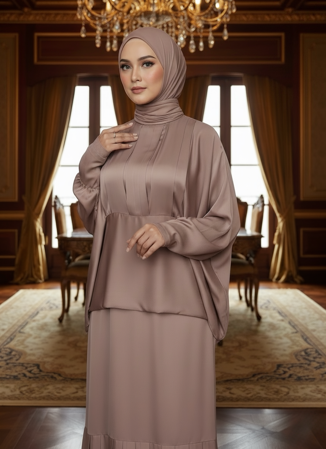 Bej Pile Detaylı Elbise