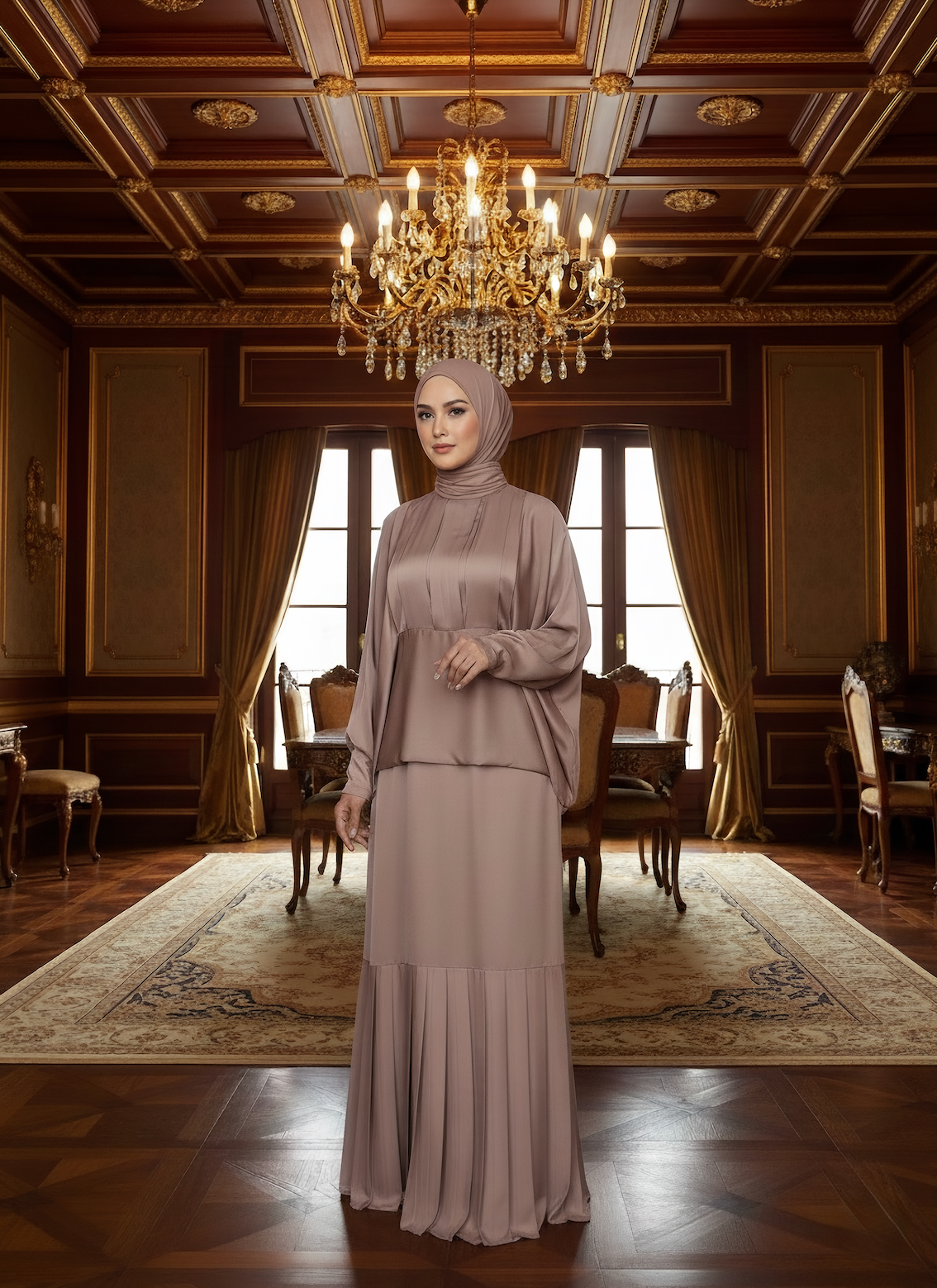 Bej Pile Detaylı Elbise