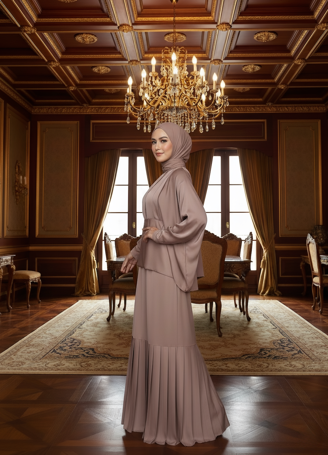 Bej Pile Detaylı Elbise