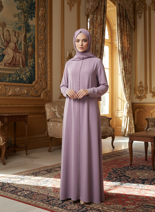 Lila Düğme Detaylı Elbise