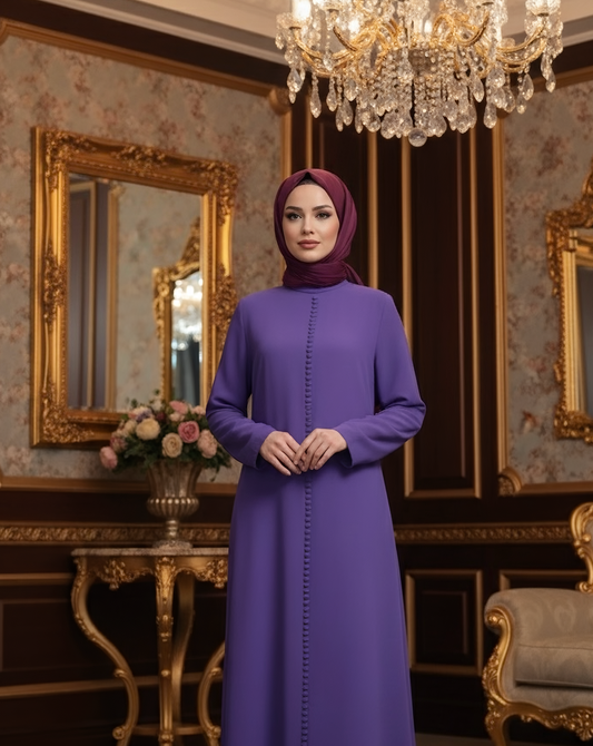 Mor Düğme Detaylı Elbise