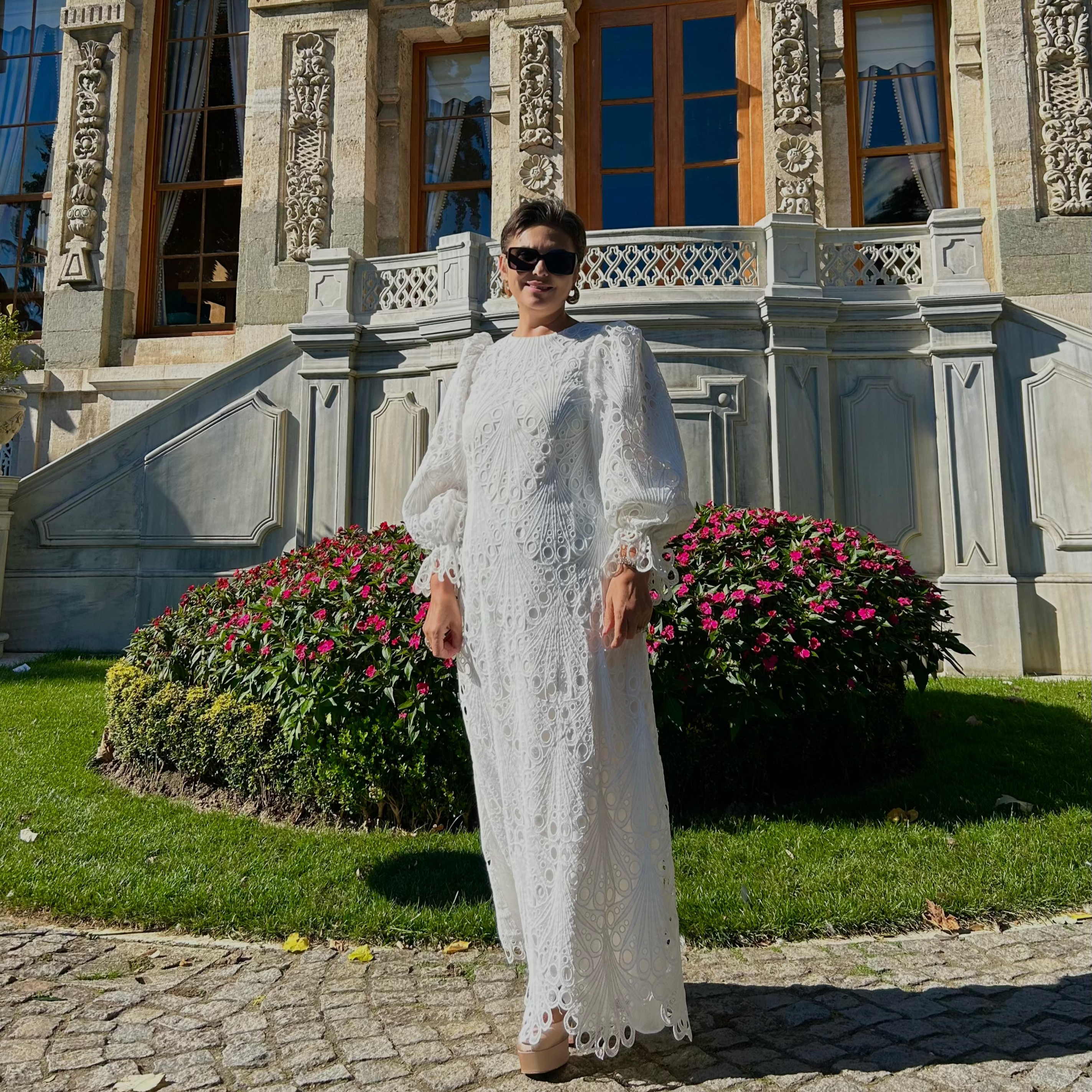 Fransız Model Dantelli Balon Kol Midi Elbise