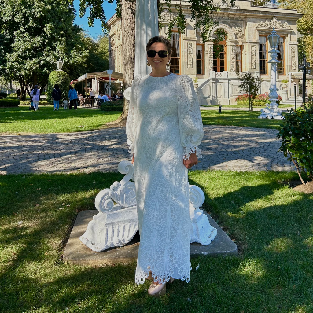 Fransız Model Dantelli Balon Kol Midi Elbise