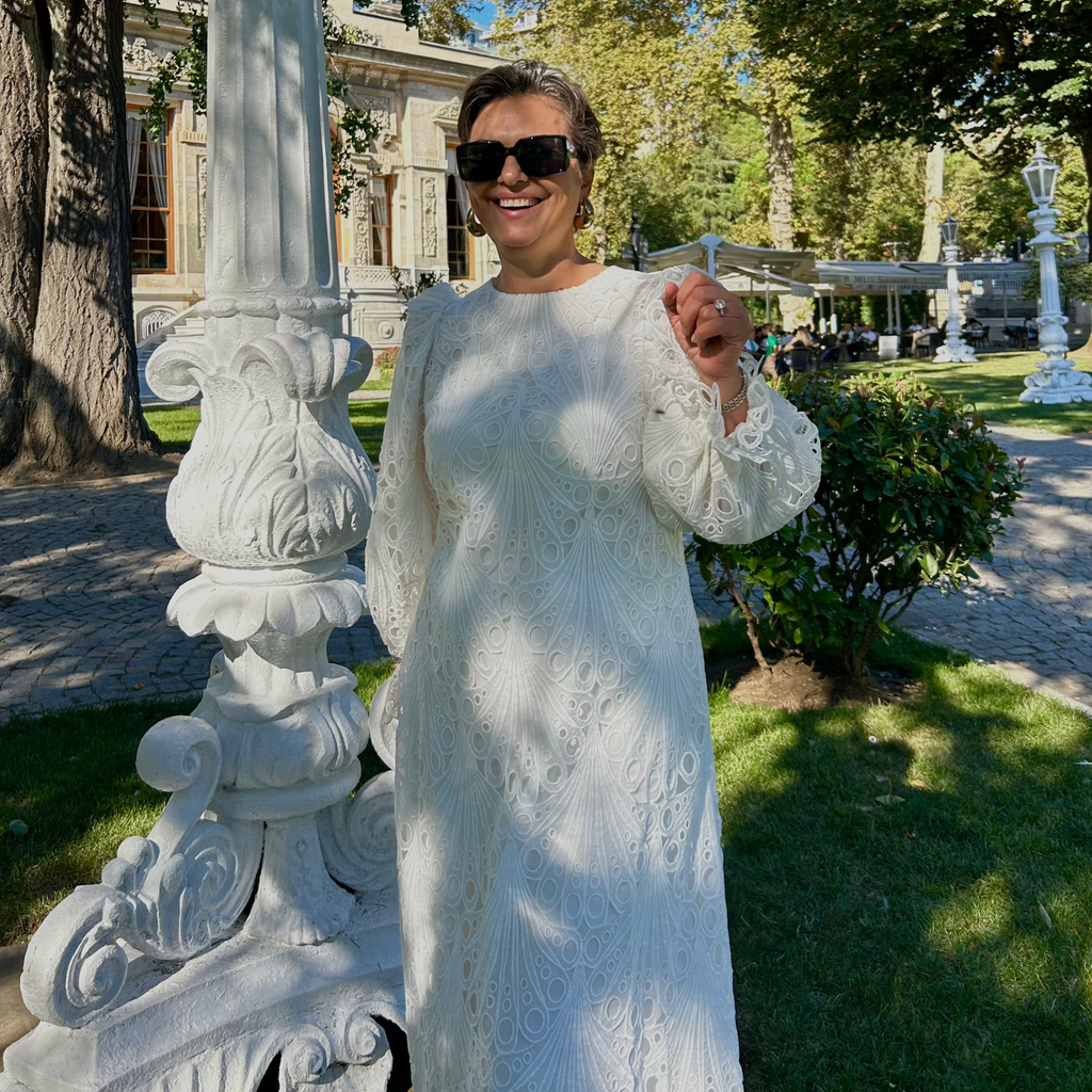 Fransız Model Dantelli Balon Kol Midi Elbise