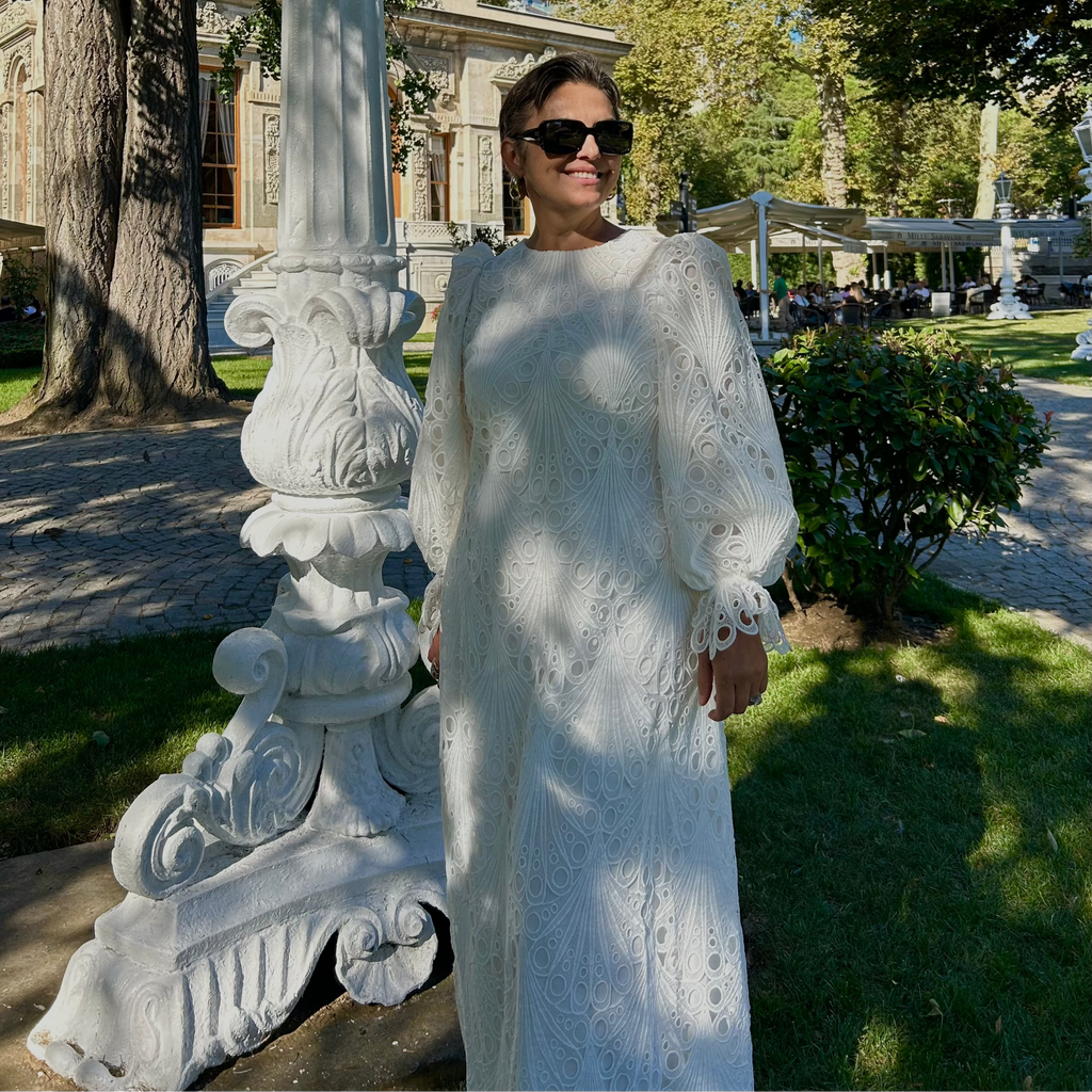 Fransız Model Dantelli Balon Kol Midi Elbise