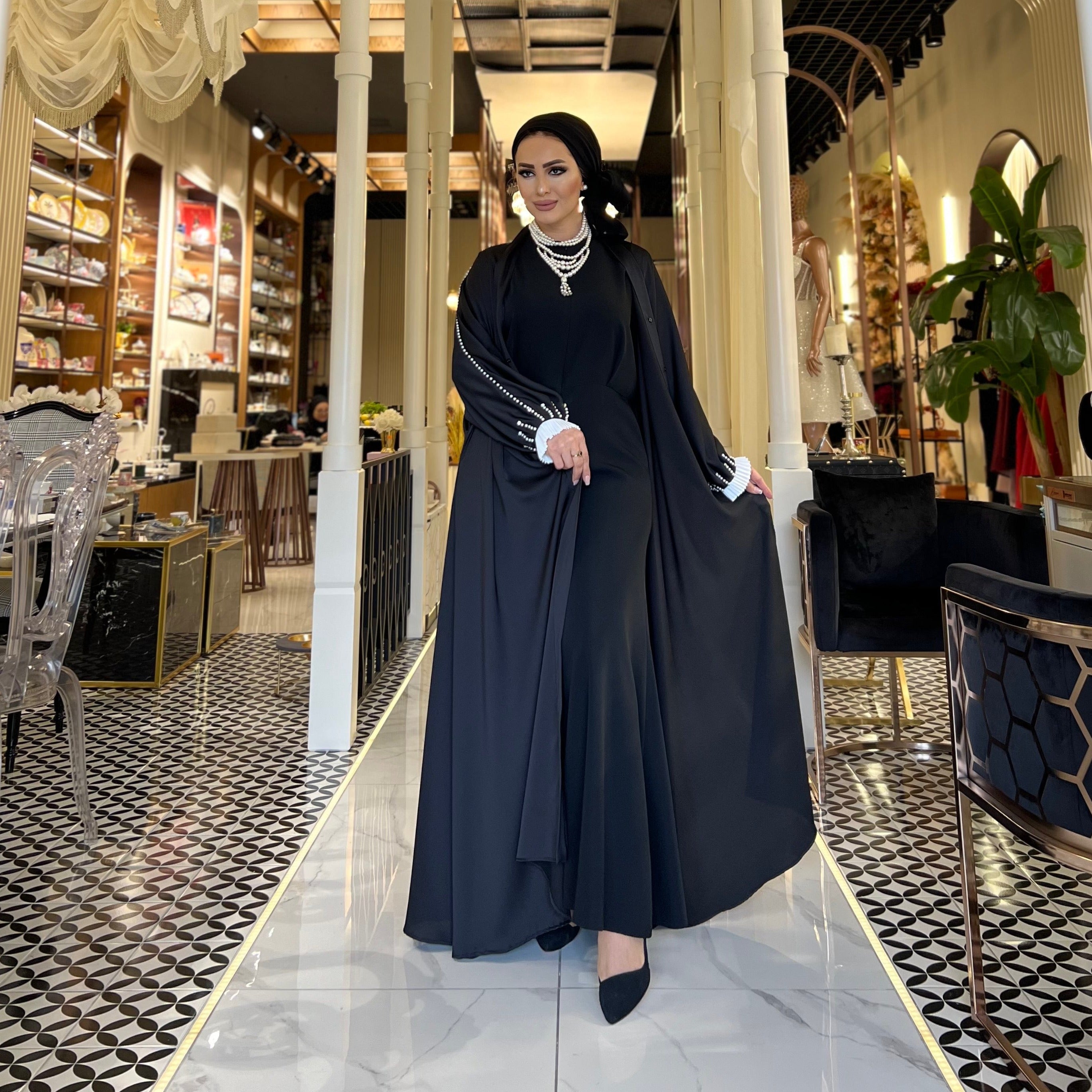 İnci Detaylı Siyah Ferace