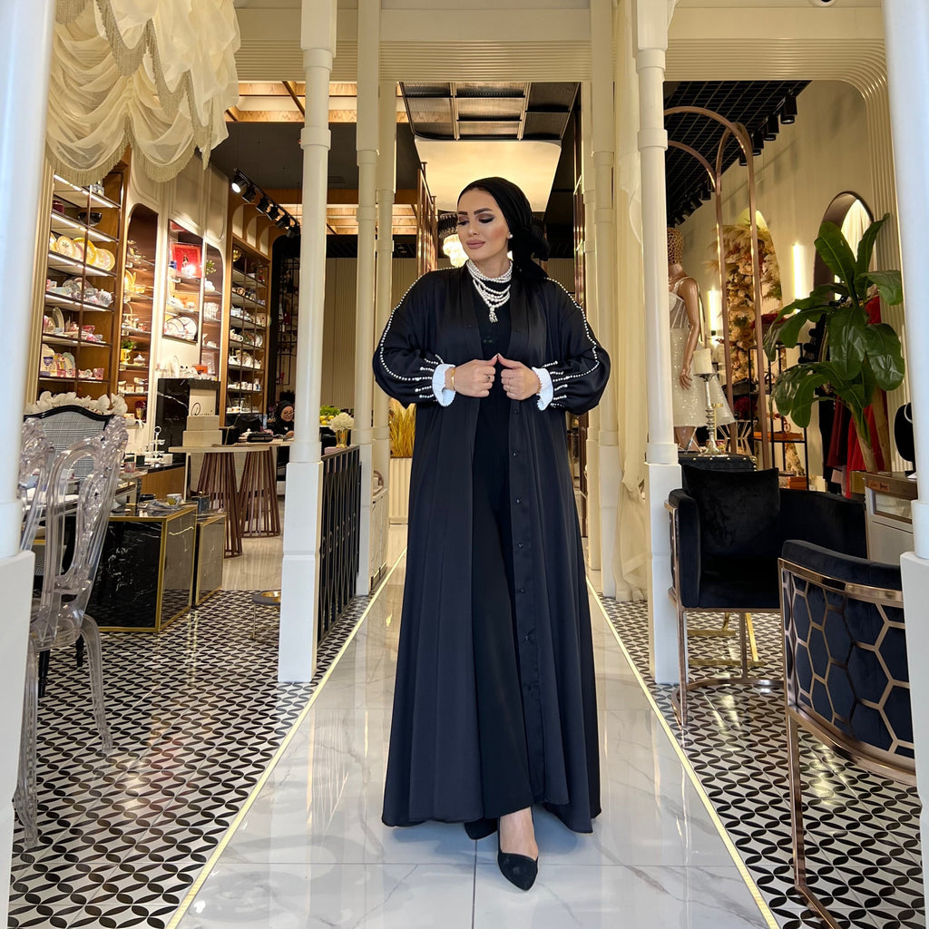 İnci Detaylı Siyah Ferace