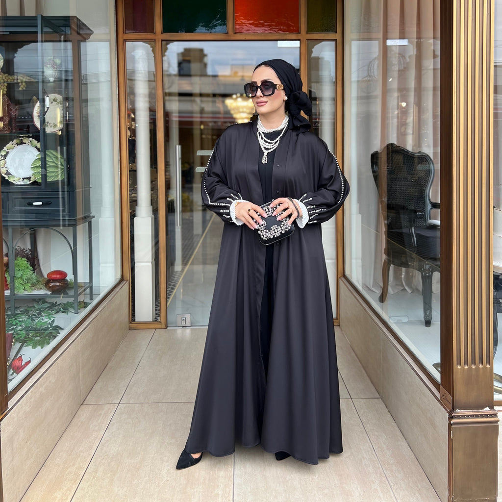 İnci Detaylı Siyah Ferace