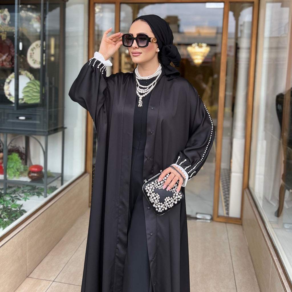 İnci Detaylı Siyah Ferace