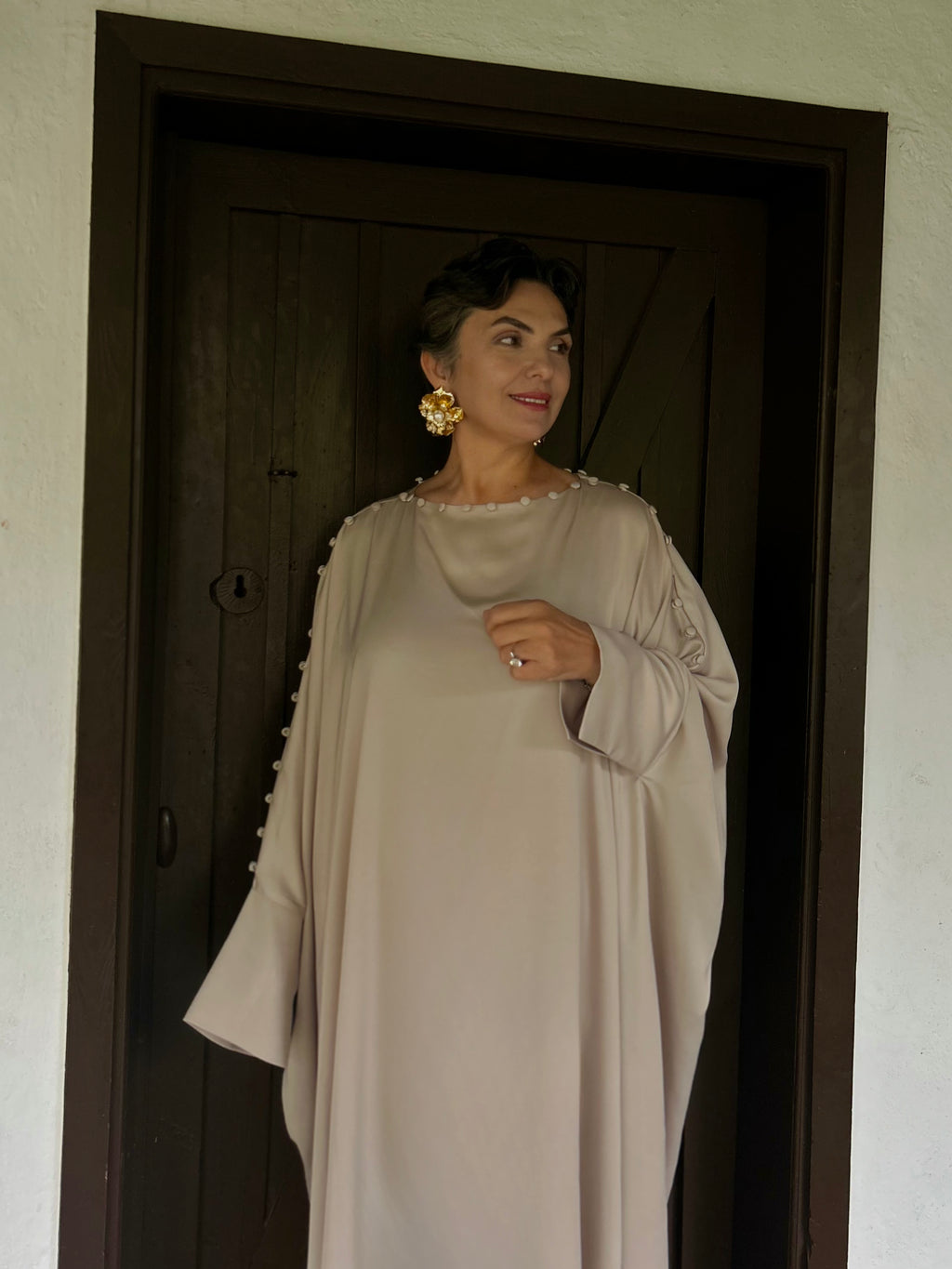 Düğme Detaylı Yarasa Kol Elbise