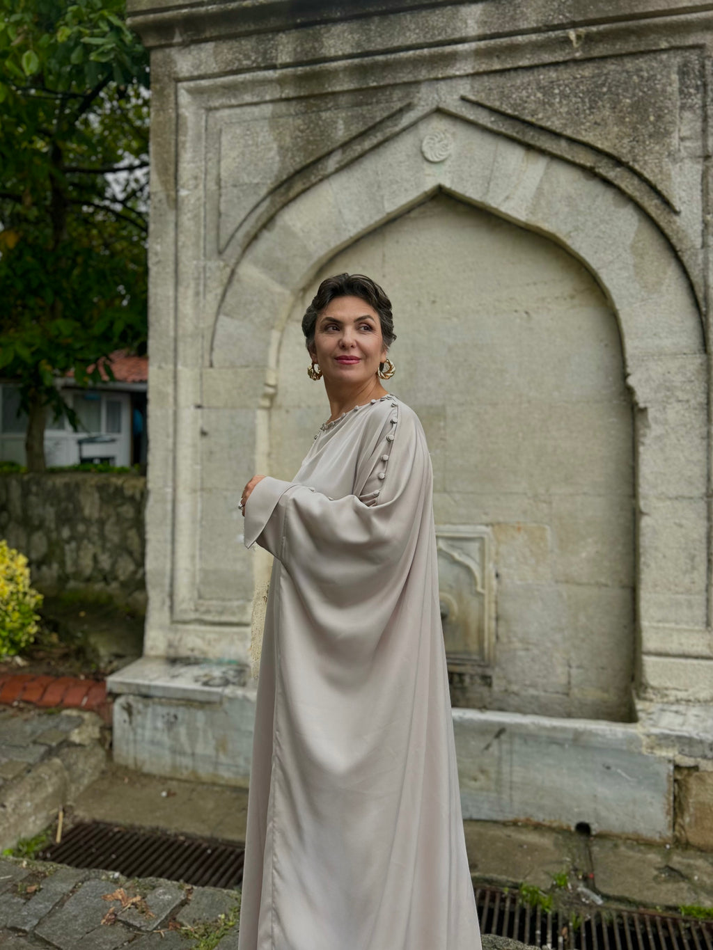 Düğme Detaylı Yarasa Kol Elbise